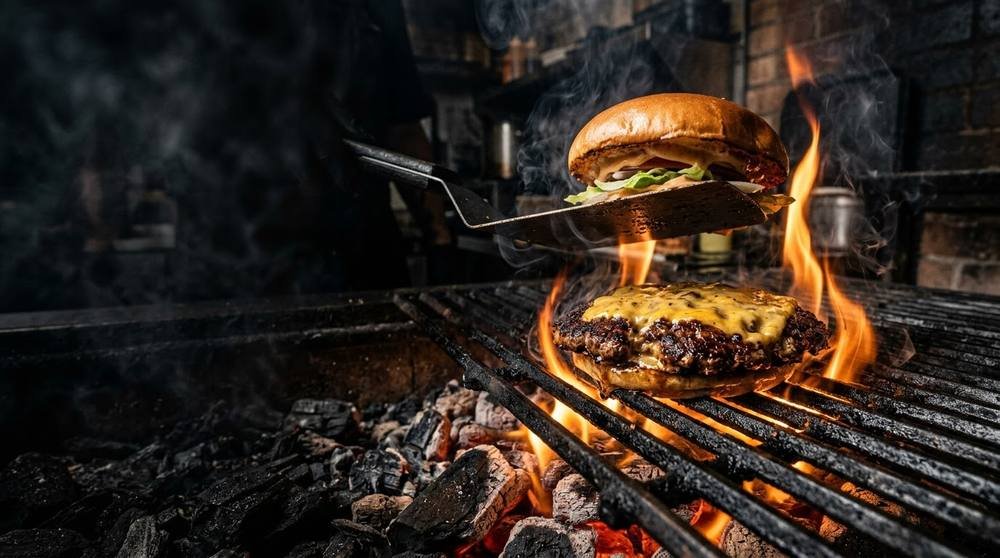Chef flipping a flame-grilled burger off the grill